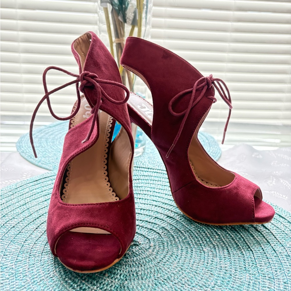 Journee Collection Style 20892 Burgundy Lace-Up Peep Toe Pumps Heels